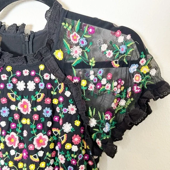Needle & Thread Lazy Daisy Multicolor Floral Embroidered Black Midi Dress 4 - Picture 6 of 11
